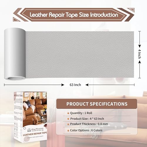 KING MOUNTAIN Leather Repair Patch,4 x 63 Inches self Adhesive Leather Repair Tape for Damaged Leather Furniture, Sofa Seating,Car Seats, Leather Goods(Light Grey) - color: Light Grey, size: 4" x 63"