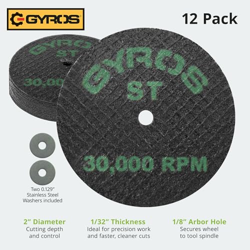 GYROS Cut-Off Wheels for Rotary Tools – 2” Super-Tensile Fiberglass Reinforced, 12-Pack | Designed for Stainless Steel, Titanium, Nickel, Carbon & Chrome Alloys | Made in USA 11-42002/12 - size: 2 inches (12 pcs)