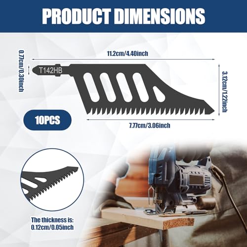 T142HB T-Shank Jigsaw Blades 10-Pack, 112mm 11TPI High Carbon Steel Jig Saw Blade for Flush Cut & Deep Wood Cutting, Compatible with Bosch, Dewalt,
