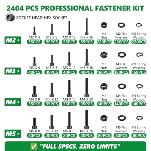 2404PCS Screw Assortment Kit, M2-M5 12.9 Alloy Steel Hex Socket Cap Bolts - size: M2 M3 M4 M5 2404pcs 3
