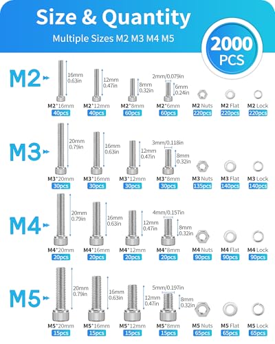 Metric Screw Assortment, 2000PCS Metric Bolt Assortment Kit M2 M3 M4 M5 Machine Screws with Lock & Flat Washers, 304 Stainless Steel Hex Socket Head Cap Screws Nuts and Bolts Kit (Silver) - size: M2M3M4M5 2000PCS (Silver)