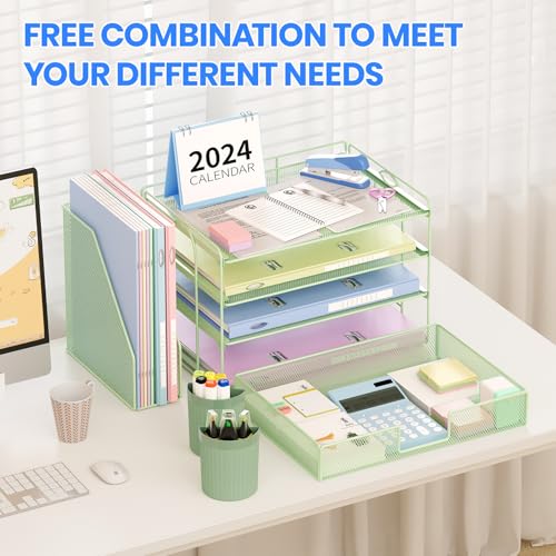 OPNICE Desk Organizer, 4-Tier Desktop File Organizer with Drawer and Pen Holders, Office Desk Accessories, File Sorters, Workspace Organizers for Office Supplies(Green) - color: Green, size: 4T