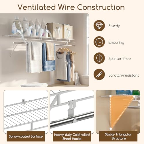 COSTWAY Closet Shelves Wall Mounted, Ventilated Shelf with Hanging Rod | Metal Wire Shelving Kit, Wire Wall Shelf for Laundry Room, Bedroom, Home, Mounting Accessories Included (4 ft x 12 in) - size: 4 ft x 12 in