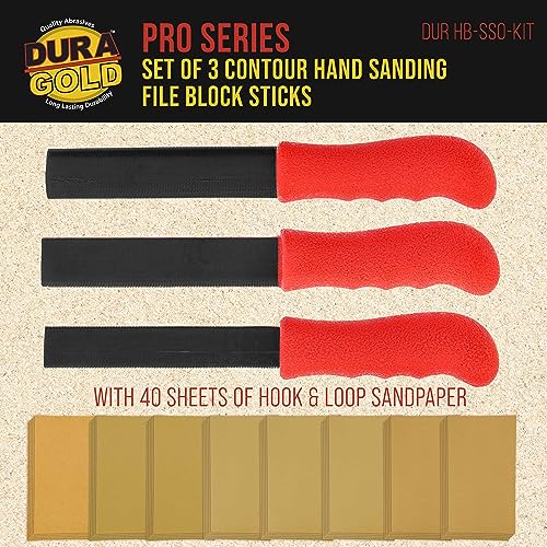 Dura-Gold Set of 3 Contour Hand Sanding File Block Sticks with 40 Sheet Hook & Loop Sandpaper Kit - 3 Different Convex Radius Profile Shapes, Teardrop - style: Oval