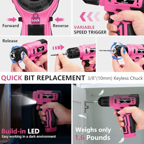 JENABOM 127-Piece Home Tool Set with 8V Pink Cordless Drill - color: Light Pink