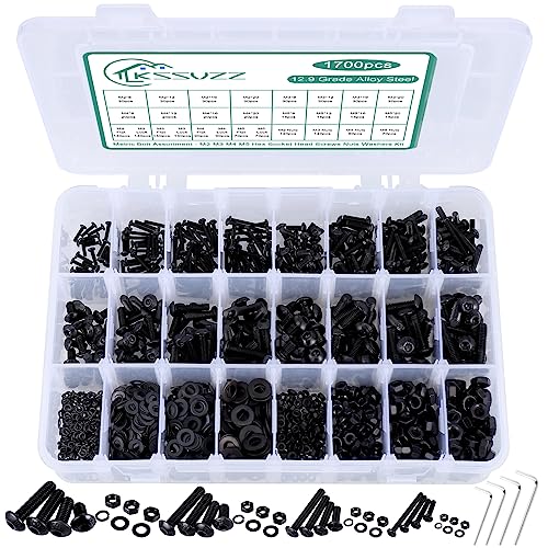 1700PCS Metric Nuts and Bolts Assortment Kit - M2 M3 M4 M5 Screws Assortment, Assorted Machine Screw Set with Lock & Flat Washers, Grade 12.9 Alloy Steel Hex Socket Head Screws Bolts and Nuts Kit