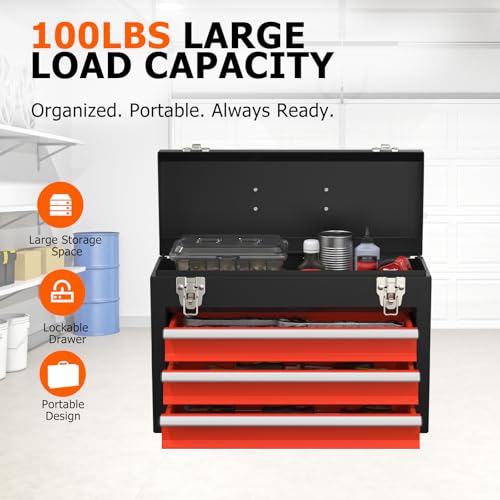Portable Metal Tool Box with Drawers, Latches Tool Box with EVC Liners for Garage, Home and Workbench (Blackred) - color: Blackred