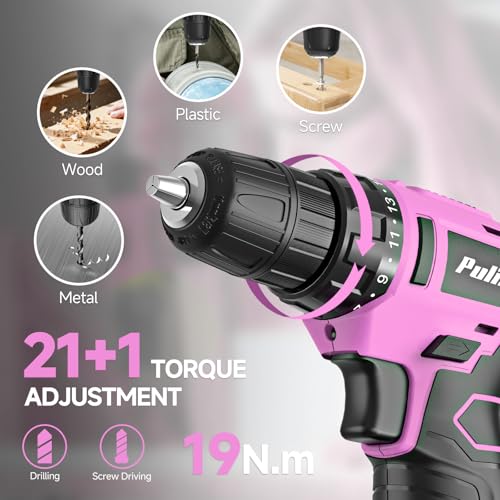 PULITUO Drill Set, 149-Piece Home Tool Set with 12V Pink Cordless Drill, Tool Box, Hand Tool Kits for Women & Men and DIY Enthusiasts, for Home Improvement - style: 12V Set（Pink）