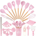 Astercook Kitchen Utensils set, 39 PCS Silicone Cooking Utensils Set with Wooden Handle, 446°F Heat Resistant Food Grade Utensil Sets, BPA Free Kitchen Gadgets Tools Set for Nonstick Cookware (Pink) - color: Pink
