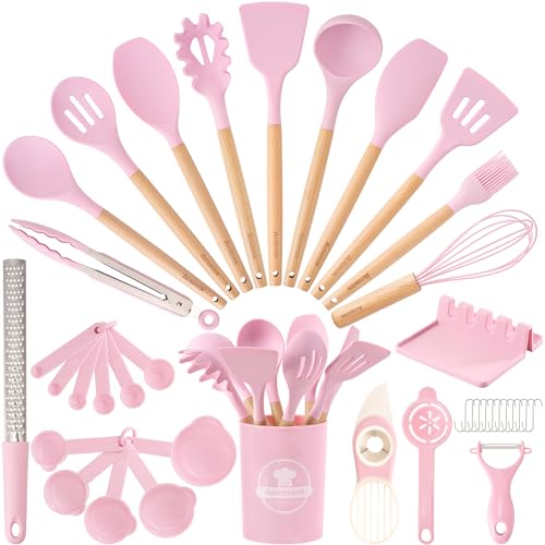 Astercook Kitchen Utensils set, 39 PCS Silicone Cooking Utensils Set with Wooden Handle, 446°F Heat Resistant Food Grade Utensil Sets, BPA Free Kitchen Gadgets Tools Set for Nonstick Cookware (Pink) - color: Pink