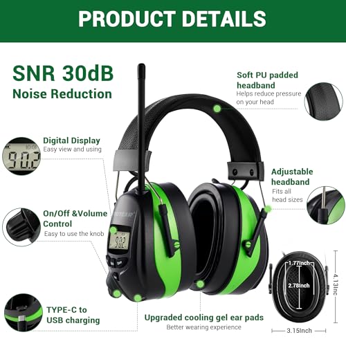 Bluetooth 6.0 AM FM Radio Headphone,Earmuff for Mowing,Construction - color: Green