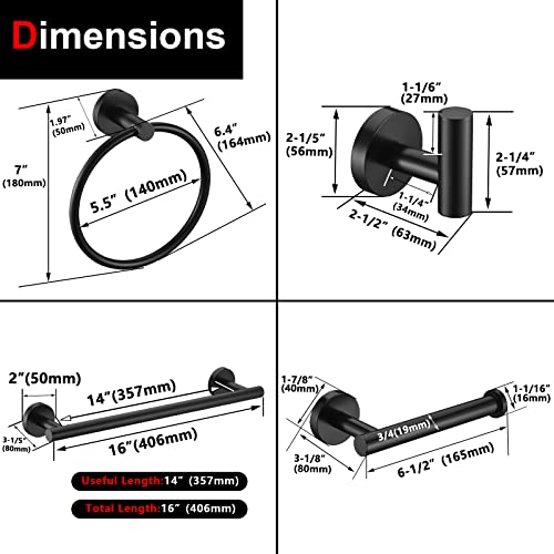 10Pieces Matte Black Bathroom Hardware Accessories Set Hand Towel Ring 16 inch Towel Bar Toilet Paper Holder Towel Hooks 4 Pieces Round SUS 304 Stainless Steel Heavy Duty Wall Mounted Bathroom Holder - color: Matte Black, size: 10 piece 16"