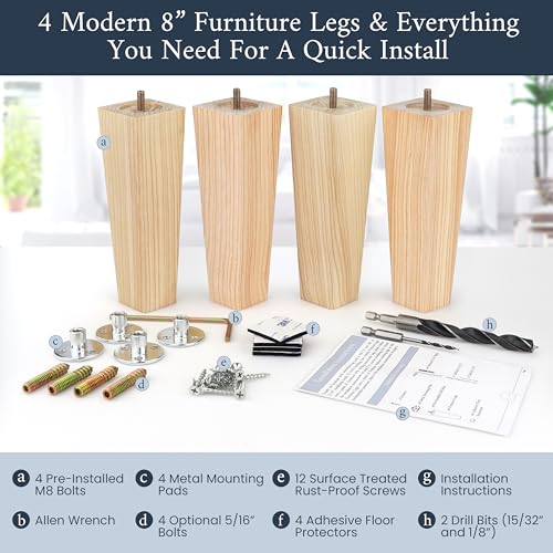 Airy Abode Premium Ash Wood Square Furniture Legs (Full Install Kit) - Pick Your Size and Color - color: Natural Ash Wood, size: 8 Inches