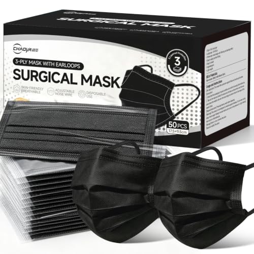 50Pcs Surgical Masks,Black Disposable Face Masks,3-Ply Breathable Mask For Adults,Great For Outdoors, Home, Office, School - color: Black