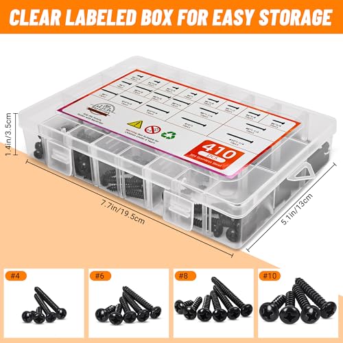 410 PSC Stainless Steel Black Screw Assortment Kit - #4#6#8#10 Phillips Pan Head, Self-Tapping for Wood & Metal - size: 410PCS Black