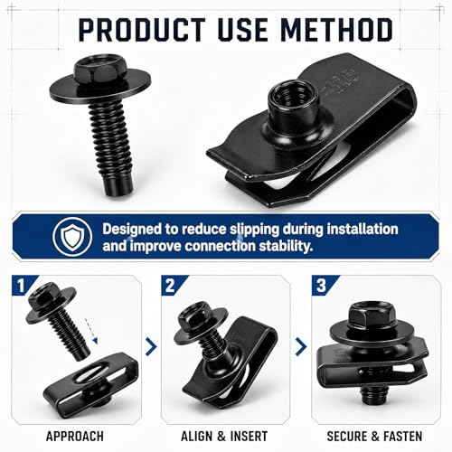 100PCS Automotive Body Bolt & U Nut Kit, M6-1.0 Hex Head Screws with Extruded U-Nuts Clips, Fender Liner, Splash Shield, Engine Under Cover, Bumper & Hood Fastener Assortment (50 Sets) - color: Black M6 x 1.0