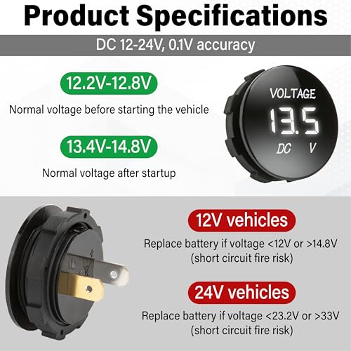 2 PCS DC 12V 24V Volt Meter, Car LED Digital Voltmeter Gauge - color: 2 PCS White