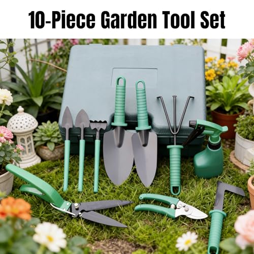 10-Piece Garden Tools Set - Heavy Duty Hand Gardening Kit: Shovel, Pruners, Trowel, Rake for Plant Care, Bonsai Trimming, Weeding & Yard Work (Green) - color: Green-10