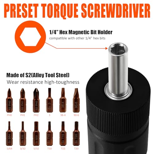 coobeast 13Pcs Preset 1/4” Drive Torque Screwdriver with S2 Bits | Torque Wrench Screwdriver Set for Maintenance, Tools, Bike Repairing and Mounting, Inch Pound Torque Range 10-70 In-lb - size: 13 PCS