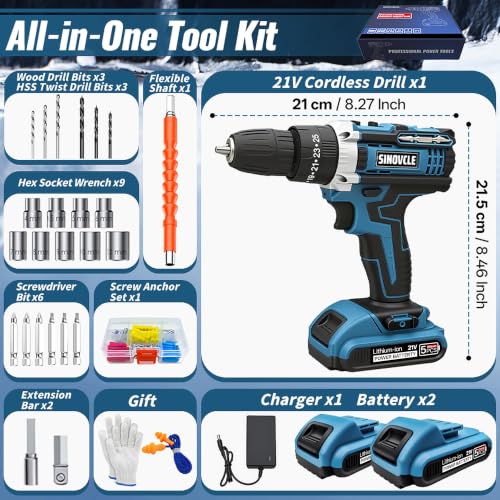 21V Cordless Drill, 2 Batteries, 50Nm Torque, 30-Piece Kit
