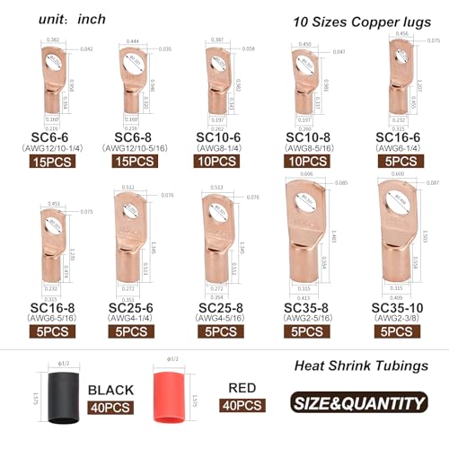 160PCS Thick Copper Lugs Ring Terminal Wire Connector & Heat Shrink - color: Bare Copper