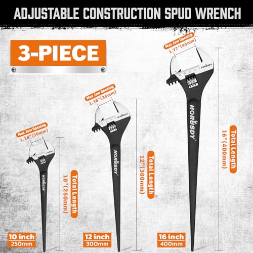 HORUSDY 3-Piece Adjustable Spud Wrench Set, 10", 12", 16", CR-V Steel, SAE & Metric Scale, Black Oxide Finish, Heavy Duty Wrenches for Construction, Mechanical Repair, DIY and Outdoor Projects - style: 3PC Spud Wrench Set(10" 12" 16")