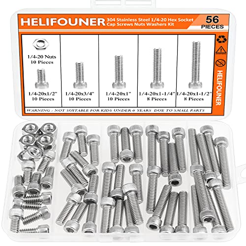 HELIFOUNER 56 Pieces 1/4-20 x 1/2" 3/4" 1" 1-1/4" 1-1/2", Hex Socket Head Cap Screws Bolts Nuts Kit, Coarse Thread, Fully Machine Threaded, 304 Stainless Steel - size: 1/4-20, style: Socket Head