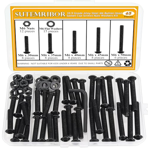 M6 Screws, Nuts & Washers Set - 65 Pieces, 30/35/40/45/50mm, Black, 10.9 Grade Alloy Steel, Fully Threaded - size: M6 Long Screws Kit, style: Button Head