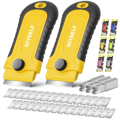 DIYSELF 2 Pack Razor Blade Scrapers with 30 Blades, Stove Scraper Tools - color: Yellow, size: 2 Pack