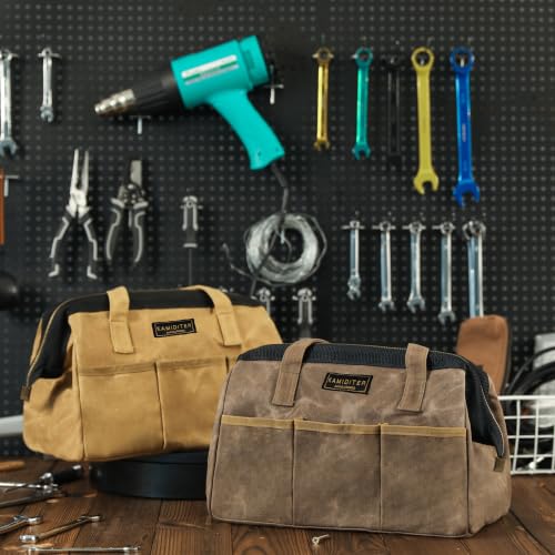 Tool Bag, 13-inch Heavy Duty 16oz Waxed Canvas Wide Mouth Water-Resistant Tool Bag, Tool Tote with Handle for Tools, Wrenches, Screwdrivers (13 X 7 X 9 inch) | Grey - color: Grey, size: 13 Inch