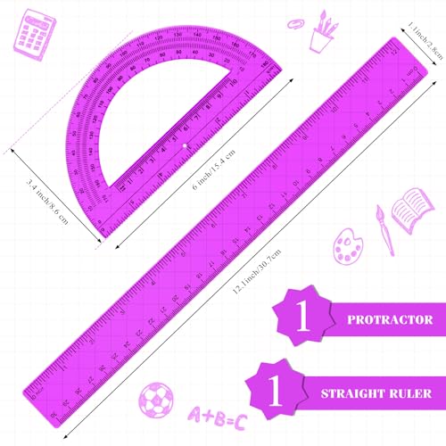 Zonon 2 Pcs 12 Inch Clear Ruler and 6 Inch Plastic Protractor Set, Purple - color: Purple