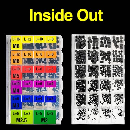 EEEEE 707Pcs Internal Hex Drive Cup-Point Assorted Set Screw Assortment Kit 24 Sizes Metric M2/M2.5/3/4/5/6/8 Stainless Steel Assorted Screw grub Screw 12.9 Class Alloy Steel Black Assortment