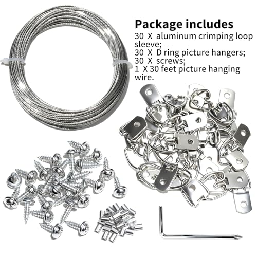 92PCS Picture Hanging Kit - 30 Feet Braided Hanging Wire, 30Pcs D Ring Picture Hangers with Screws and 30Pcs Aluminum Crimping Loop Sleeve for Canvas Paintings, Photo Frames