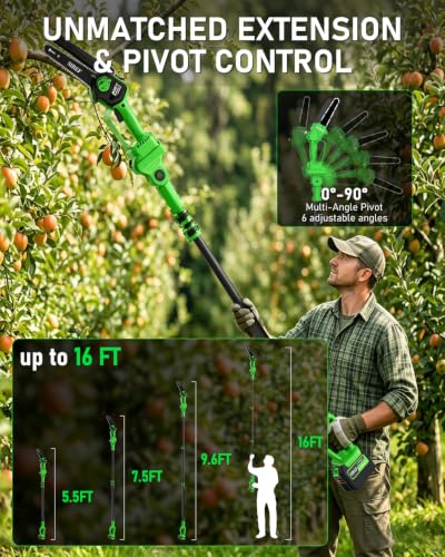 Electric Pole Saw 6inch Mini Chainsaw Cordless Brushless 6.0Ah Batteries Fast Charger Telescopic Power Pole Saw Tree Trimmer Limb Branch Cutter Pruner 16 Ft Max Reach Multi-Angle Green - color: Green-1 Battery