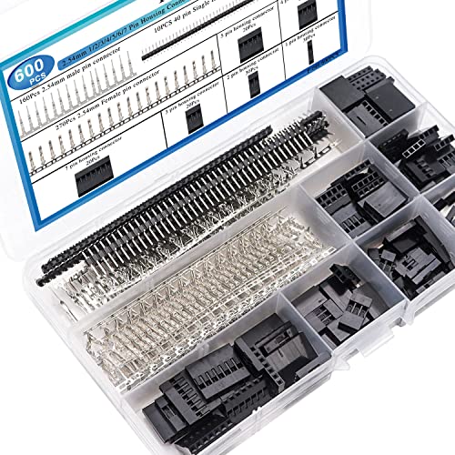 Taiss 600PCS Dupont Connector Kit - 2.54mm 1/2/3/4/5/6/7 Pin Housing Connector and Male/Female Crimp Pin, Jumper Wire Cable