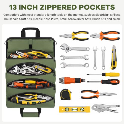 ANILD 13 Inch Regular Long Tool Bag Roll Up, Roll Up Tool Bag Organizer - color: Green, size: Regular