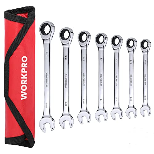 WORKPRO 7-Piece Ratcheting Combination Wrench Set, SAE 5/16"-11/16" - size: SAE
