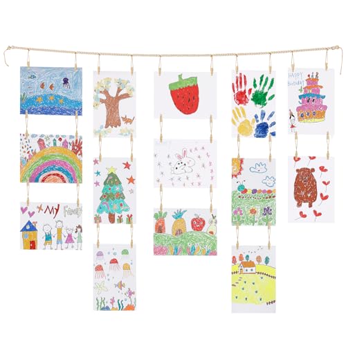 KLOGTSIND Kids Art Display Wall Decor, Wood Beads Garland with 34 Clips - color: Brown