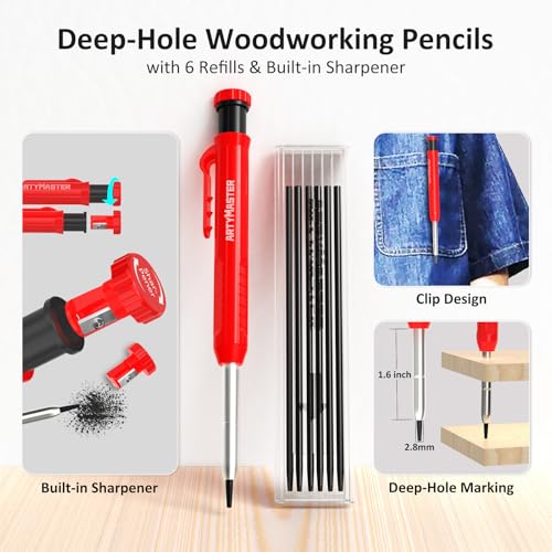 8 inch 3D Multi-Angle Measuring Square Ruler, WT103B High Precision Hole Scribing Woodworking Tools, 0-90° Aluminum Alloy Carpenter Square Wood Working Tools, Carpenter Pencils 6 Refills. - color: 8 inch Square+Pencil, style: Imperial