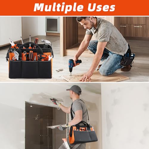Tool Bag 14'', Thick Outer Pocket Tool Organizer Waterproof, Heavy Duty Tote with Shoulder Strap for Tool Storage, Black & Orange - size: 14 inch
