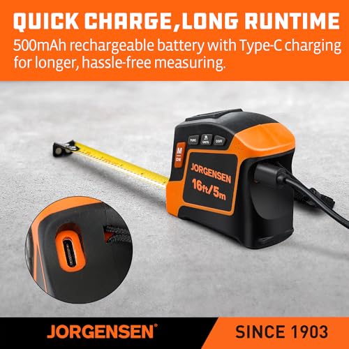 JORGENSEN Digital Tape Measure,16Ft Rechargeable Digital Measuring Tape