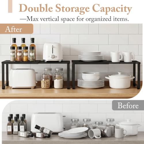 Extendable Metal Wire Shelf Organizer - Adjustable 15-24.4in Length, Stackable Storage Rack for Kitchen/Pantry/Bathroom/Shoe Cabinet/Tool Closet (2,Black) - color: Black, size: 2 Pack