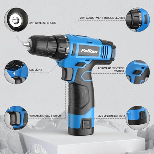 PULITUO Tool Set, 149-Piece Home Drill Set with Blue 12V Cordless Drill, Tool Box, Hand Tool Kits for Women & Men and DIY Enthusiasts, for Home Improvement - style: 12V Set(Blue)