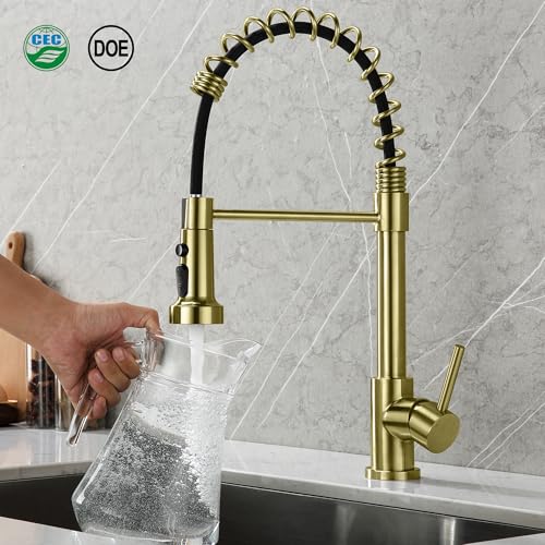 TIORIY Kitchen Faucet Head with 15 Adapters, High Pressure 3 Functions Pull Down Kitchen Spray Head Replacement, Pull Out Kitchen Sink Sprayer Nozzle, Brushed Gold, ABS - color: Brushed Gold, style: Blade Spray