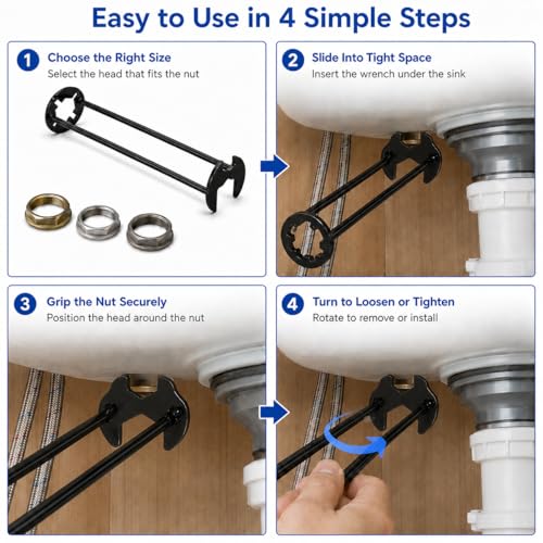 2PCS Basin Wrench, Under Sink Faucet Tool for Tight Spaces | 7 fixed openings, 360° rotating head, narrow cabinet access, metal build, installation and removal support