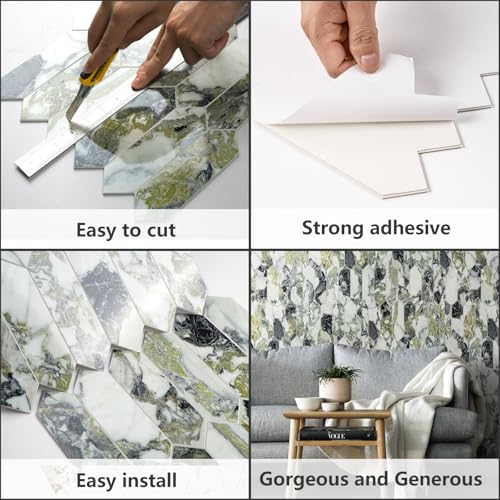 Vamos Tile Glossy Ice Green Backsplash Tile Peel and Stick, 12.8 x 12.8 Inch 10 Sheets Long Hexagon PVC Self Adhesive Mosaic Wall Tiles Stick on Backsplash for Kitchen Bathroom and Fireplace - color: Glossy Ice Green