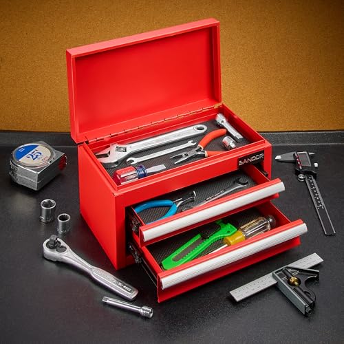 Mini Tool Box - Metal Tool Chest with 2 Drawers & PVC Drawer Liners - Red - color: Red