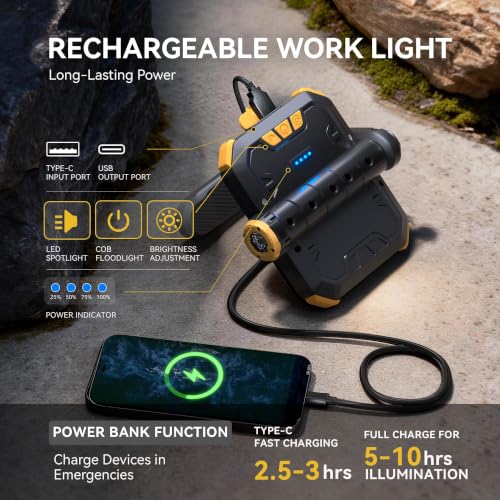 HOKOILN 2500LM Work Light，Rechargeable Magnetic Work Lights, Side Spotlight