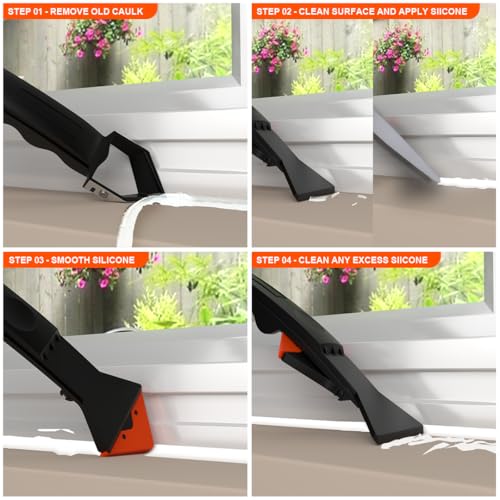 3 in 1 Caulking Tool with 6 Silicone Tips – Sealant Finishing & Caulk Remover, Stainless Steel Head, Mastic Remover & Angle Scraper for Bathroom, Kitchen, Floor, Window, Sink