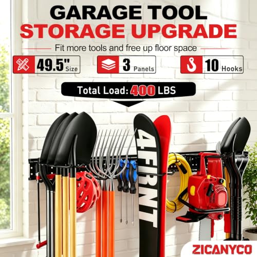 Garage Tool Organizer Wall Mount 49.5 inches with 10 Adjustable Heavy-Duty Hooks, Garage Organization, Garden Tool Storage Rack, Yard, and Shed, Holds Up to 400 lbs - size: 49.5" | 3 Panels + 10 Hooks